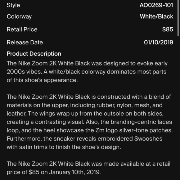 Nike Zoom 2K White/Black AO0354-101 Size 6 - Picture 11 of 12